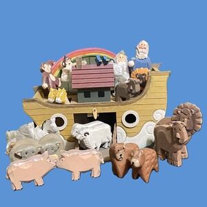 Vintage Wooden Noah's Ark Rainbow Play Set 20 Pieces Lightweight 1990s Delton